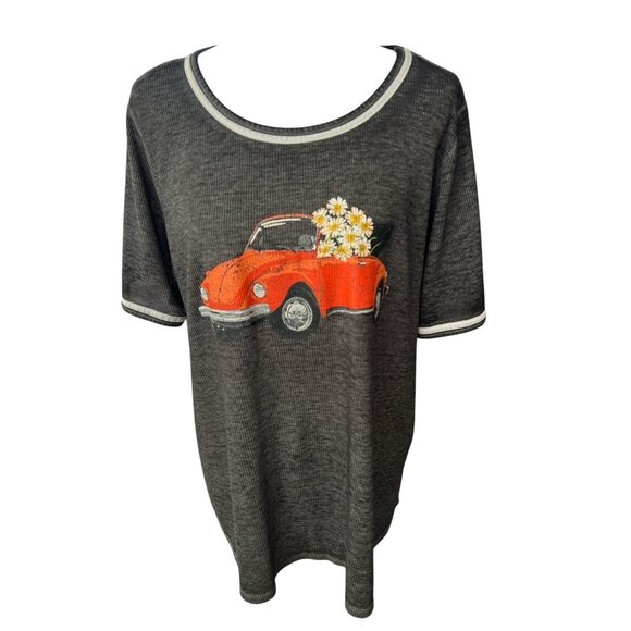 Cato  Gray Light Waffle Knit Tee With Distressed Beetle/Flowers-Size 18/20 - Picture 1 of 2